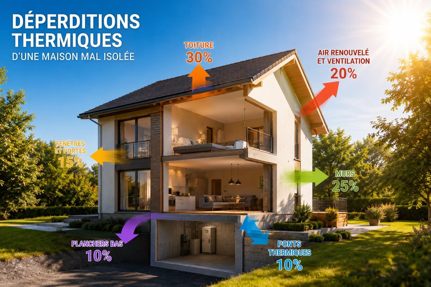 Déperditions thermiques d'une maison mal isolée : toiture 30%, murs 25%, air renouvelé et ventilation 20%, fenêtres et portes 15%, planchers bas 10%, ponts thermiques 10%